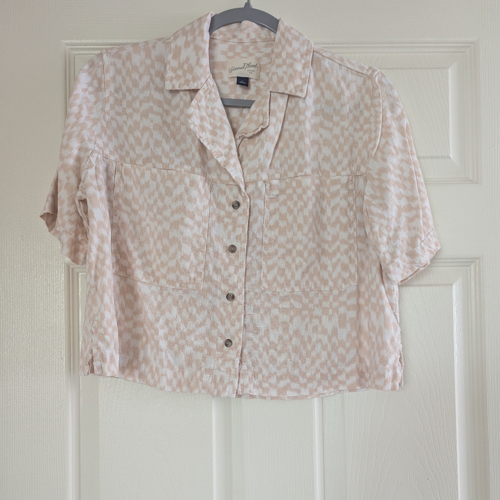 A New Day | Short Sleeve Button Front Blouse in Tan | Size S